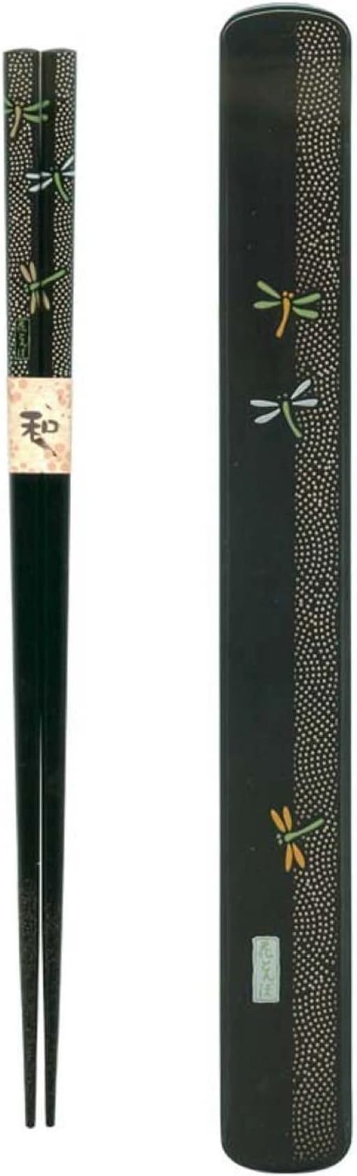 JapanBargain 3689, Japaese Travel Chopsticks with Case Reusable Chinese Korean Bamboo Portable Chop Sticks Utensil Cherry Blossom Dishwasher Safe Made in Japan, Black Dragonfly