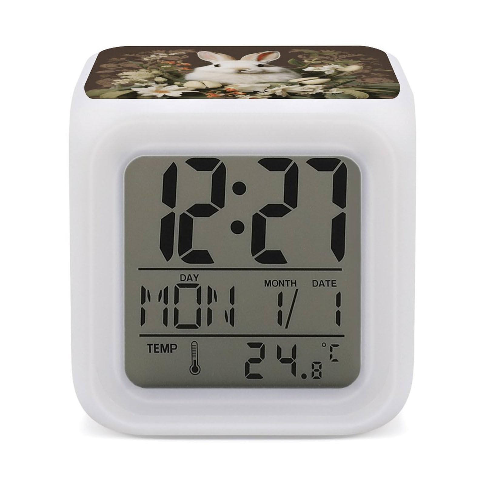 JTREHY 7 Color Changing LED Digital Alarm Clock,A Beautiful White Rabbit Printed Wake-up Clock with Temperature Display Home Decoration Alarm Clock for Bedroom Office