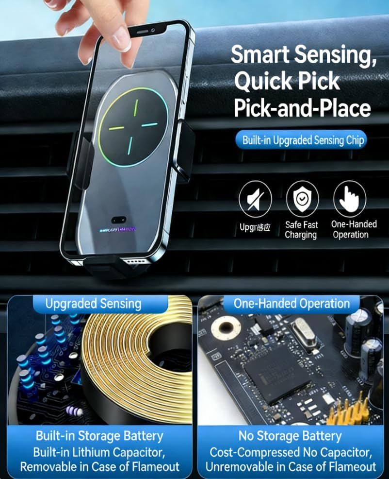 A7S Wireless Fast Charging Car Phone Mount, Auto-Clamp Magnetic Holder Qi-Certified, 360° Rotation, Compatible with iPhone Android