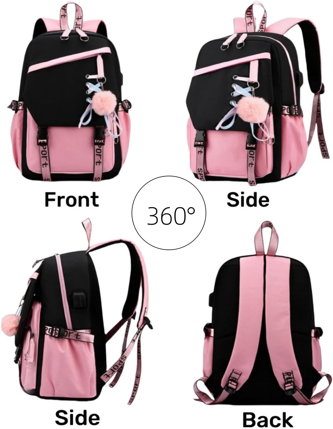 4 Pcs Girls School Backpack Kids Bookbag with Lunch Box and Case,17 Inch Teen Girls Boys Pink Backpacks for Primary Middle School