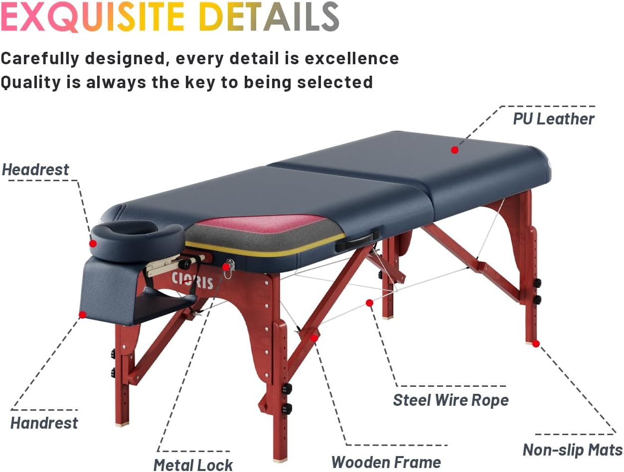 CLORIS 84" Luxury Massage Table Portable 2 Folding Lightweight Facial Salon Spa Tattoo Bed Height Adjustable with Carrying Bag & Wooden Leg Hold Up to 1500LBS Blue 6 CLORIS 84" Luxury Massage Table Portable 2 Folding Lightweight Facial Salon Spa Tattoo Bed Height Adjustable with Carrying Bag & Wooden Leg Hold Up to 1500LBS Blue