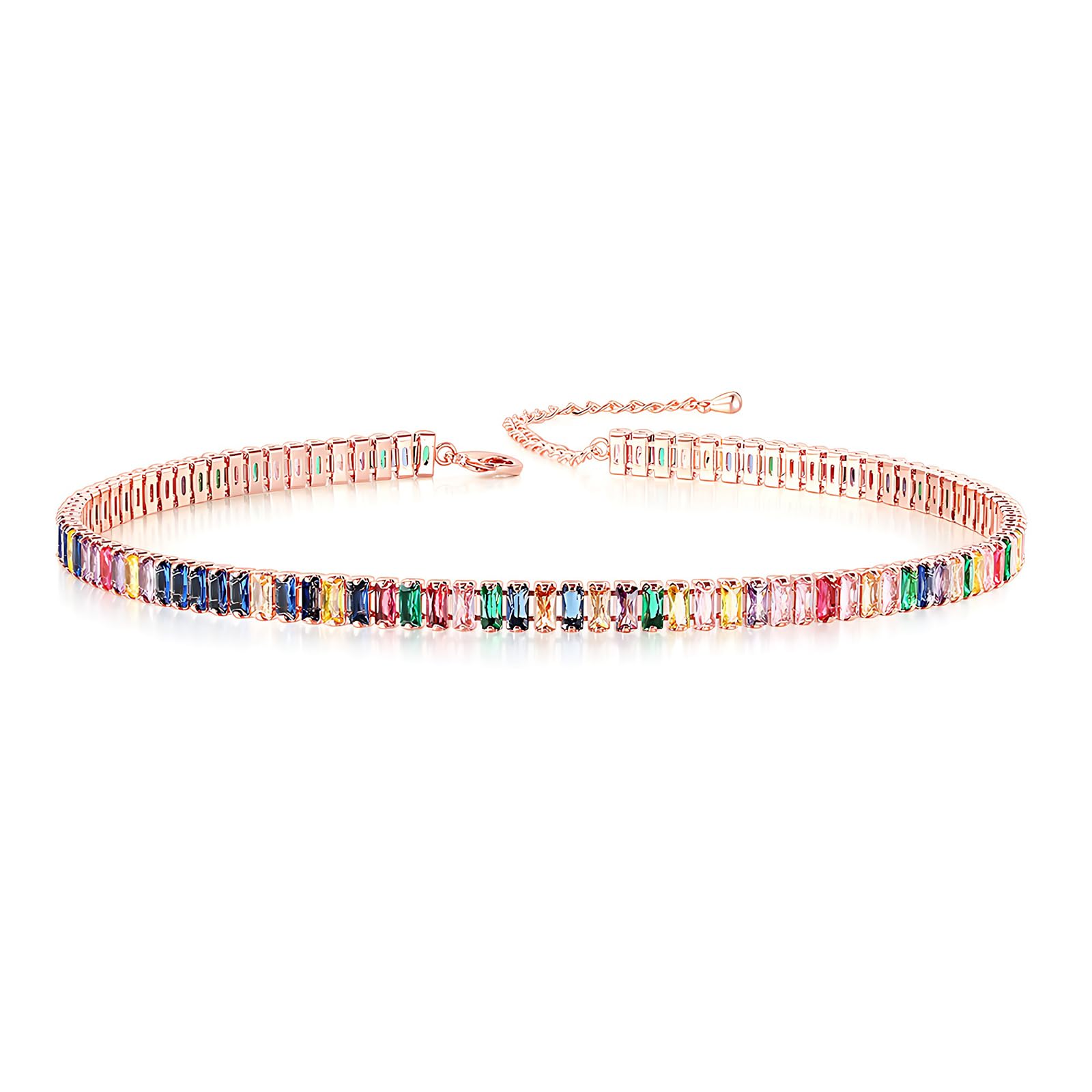 Women Multicolor Gemstone Necklace, Rainbow Cubic Zirconia Gold-Tone Chain, Adjustable Statement Jewelry for Parties, Weddings and Gifts