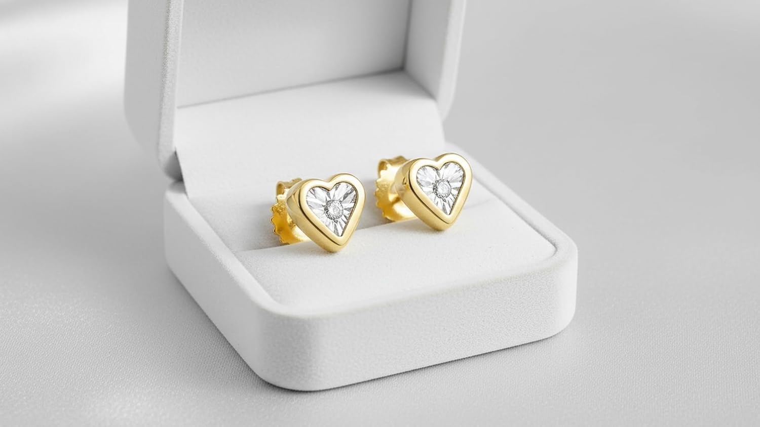 DISENO Heart Shaped Stud Earrings in 18K Yellow Gold over Silver – 0.04 Ct Natural Diamonds (F-G, SI1-SI2) – Fine Jewelry Gift for Birthdays, Weddings, Anniversaries, Valentine's Day