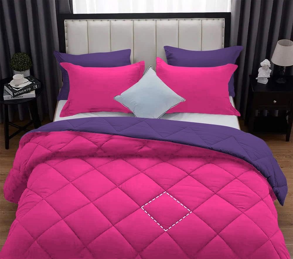5 Piece Luxury Reversible Diamond Pattern Comforter Set Premium Super Soft 550 GSM All Season 1000 TC, 100% Egyptian Cotton Full/Queen Size Hot Pink-Purple Color