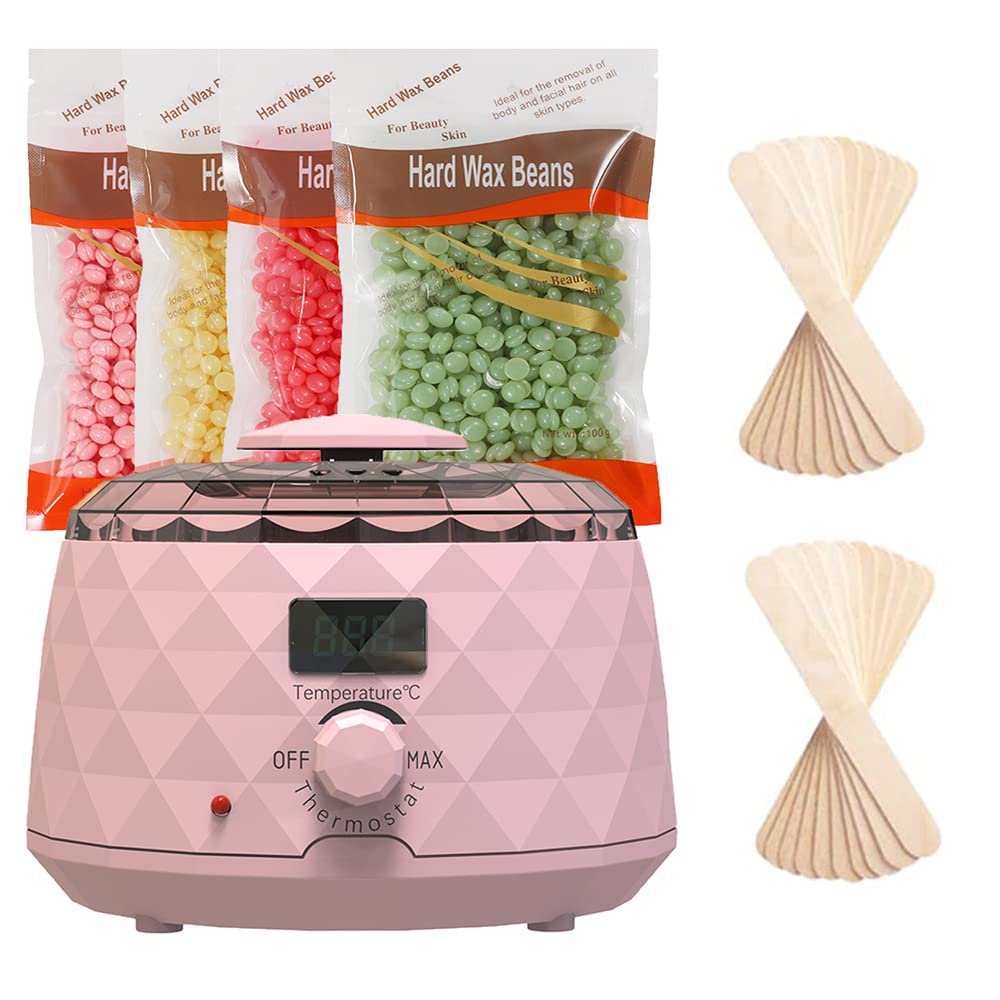 Wax Warmer Hair Removal Kit, Waxing Kit, Easy to Use, Wax Warmer, Painless Home Hair Removal Warmer Kit with 4 Bags of Wax Beans and 20 Applicator Sticks.
