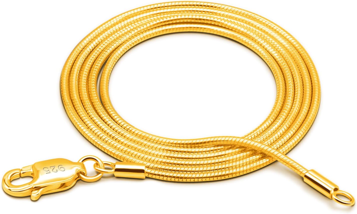 Dankadi Women 925 Sterling Silver Magic Snake Chain Necklace- Men 1.2MM Solid Snake Chain Flexible Choker 16"-30" Italian Silver 24K Gold Over Jewelry