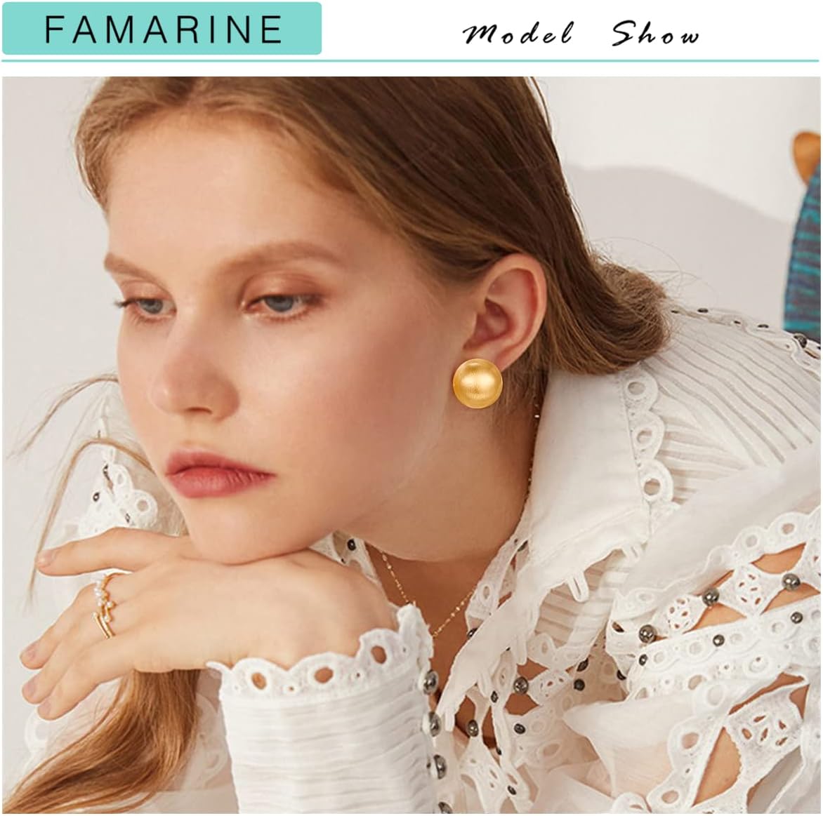 FAMARINE Gold Sliver Ball Clip on Earrings for Women Brushed Finish Small Clip Earrings Gift - Image 2
