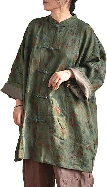 LZJN Womens Linen Oversized Blouses Vintage Printed Long Sleeve Stand Collar Chinese Frog Shirts