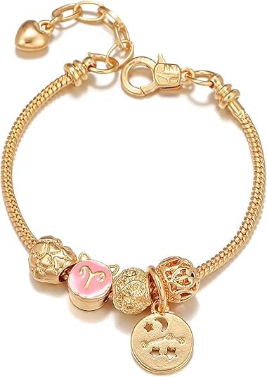 18K Gold Plated Zodiac Constellation Bracelet for Women, Cute Love Heart Charms Bracelet Chain Wrap Jewelry Gift