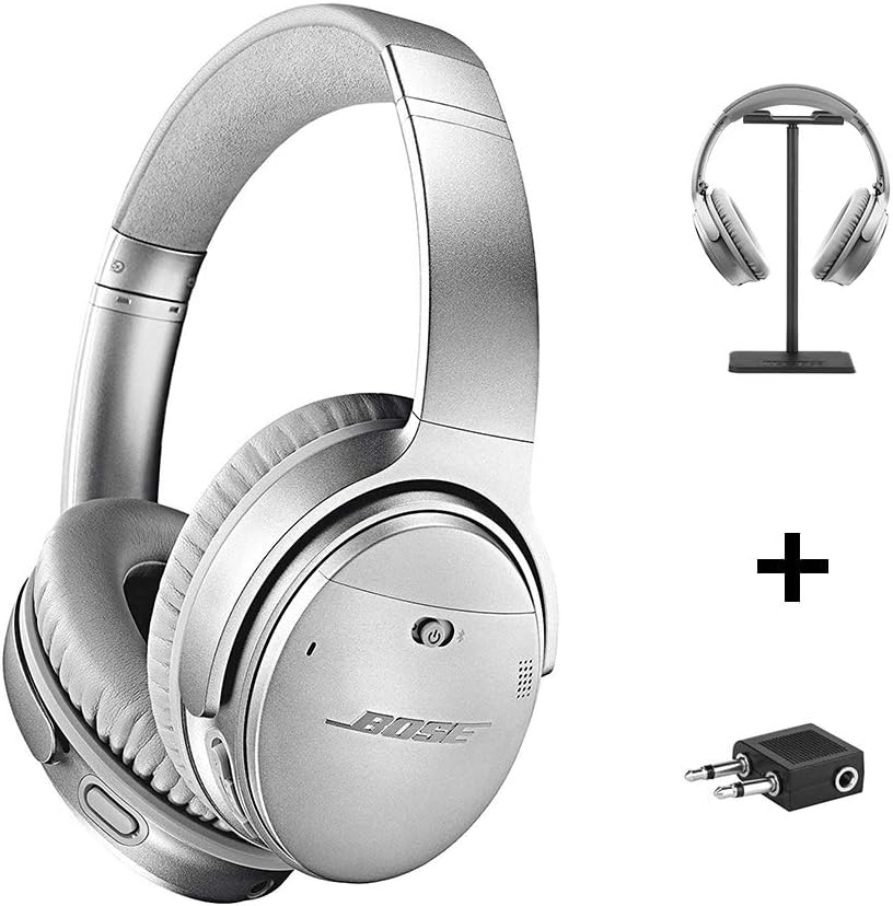 Bose QuietComfort 35 Series II Wireless Headphones, Silver, Noise Cancelling with Headset Stand + Airplane Flight Adapter