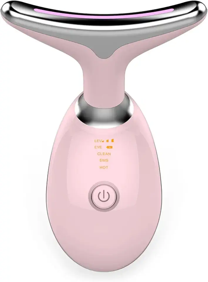 Massageador Facial LED com 7 Cores, Vibração e Fototerapia, Tratamento Lifting Anti-Idade com EMS e Aquecimento, Anti Rugas, Tira Papada (Rosa)