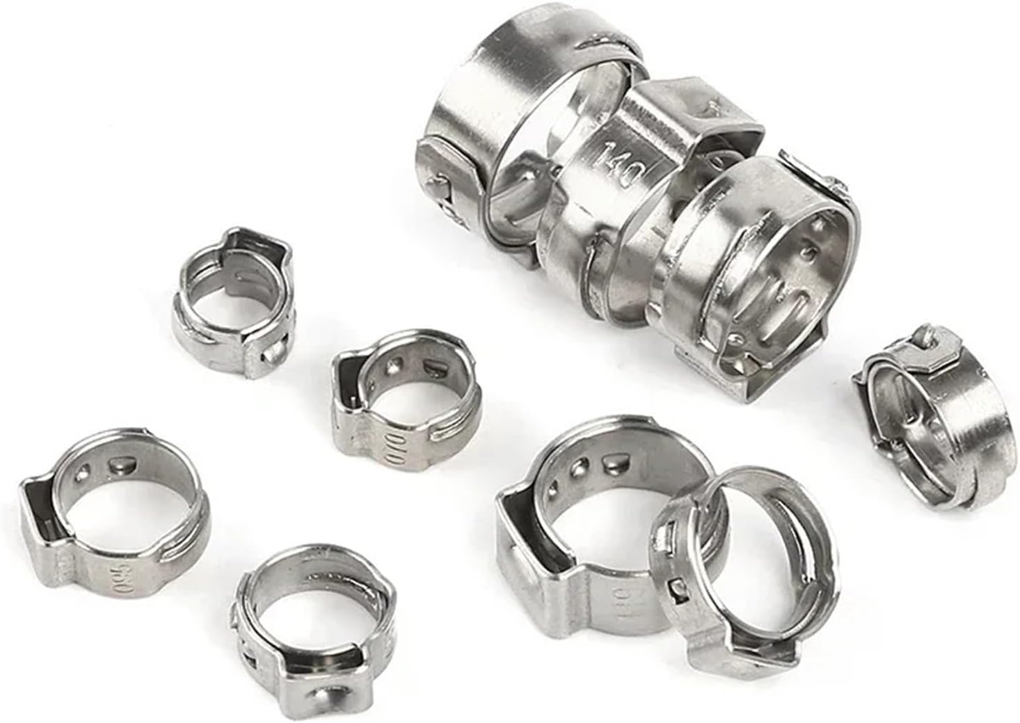 130cs Hose Clamps 5.8-21.0mm Single Ear Stepless 304 Stainless Steel Hose Clamps Cinch Clamp Rings for Sealing Kinds