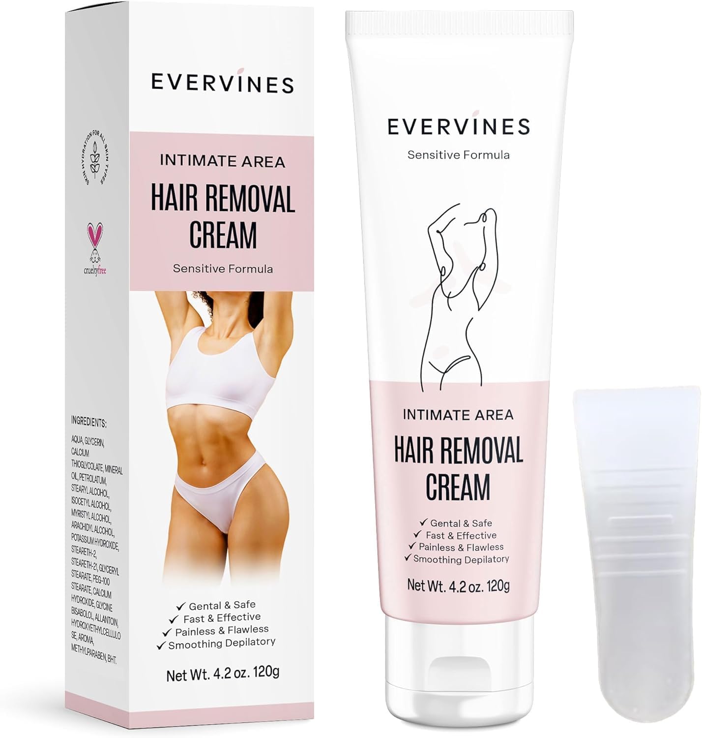 Hair Removal Cream for Women: Fast & Painless Depilatory for Sensitive Skin – Bikini, Pubic, Legs, Arms & Underarms – With Scraper, Ideal for Travel & Home Use, 4.2oz