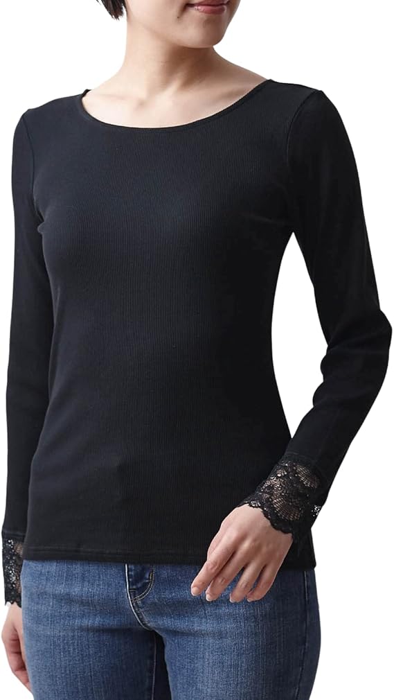 Amazon ベルメゾン カットソー レディース 長袖 綿100 クルーネック 袖レース あったか Tシャツ カットソー ホットコット Tシャツ カットソー 通販