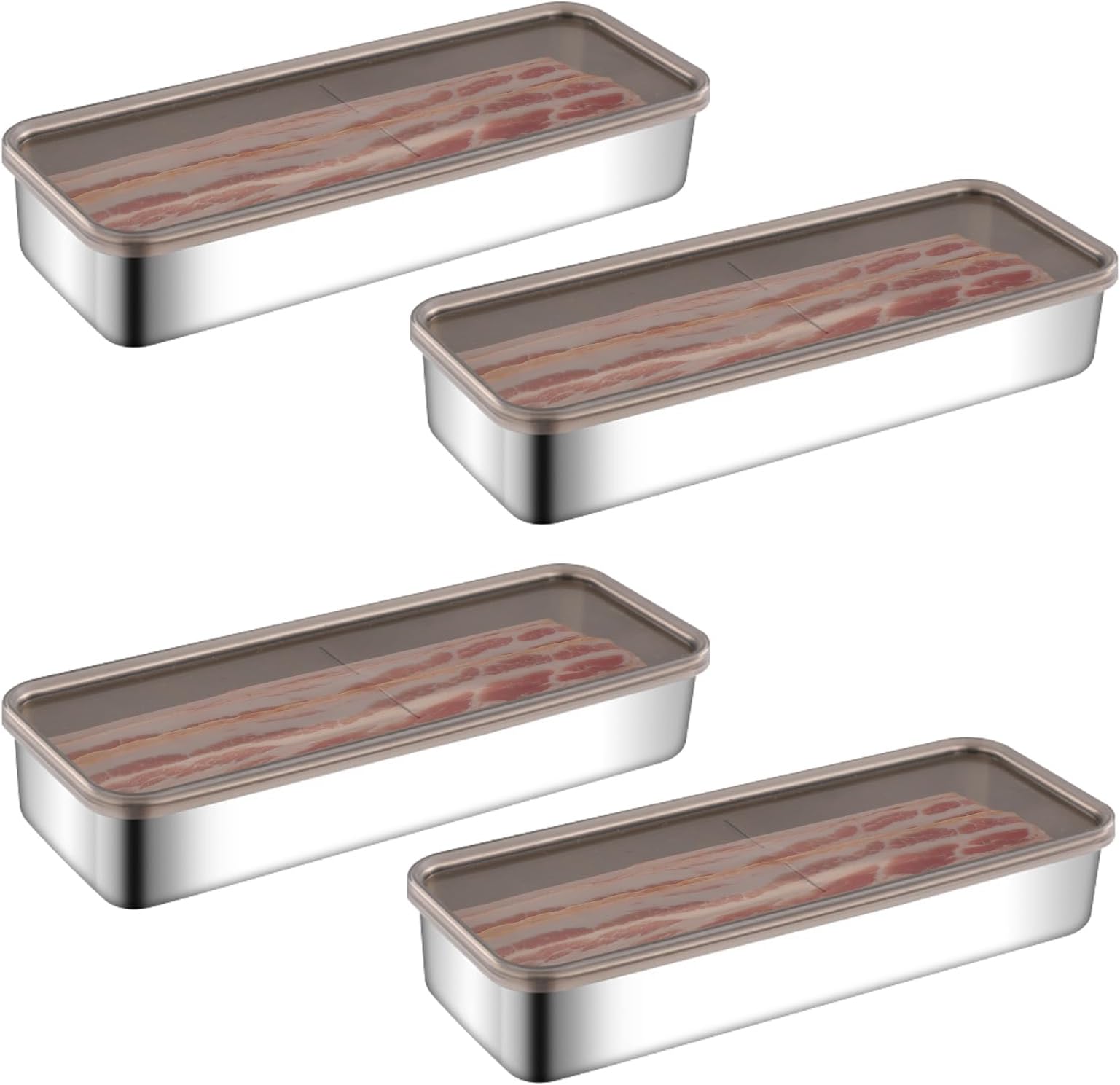Ukontagood 4 Pack Bacon Container for Refrigerator, 304 Stainless Steel Airtight Food Storage Containers, Dishwasher Safe Fridge Organizer with Lids Long Kitchen Food Storage Containers
