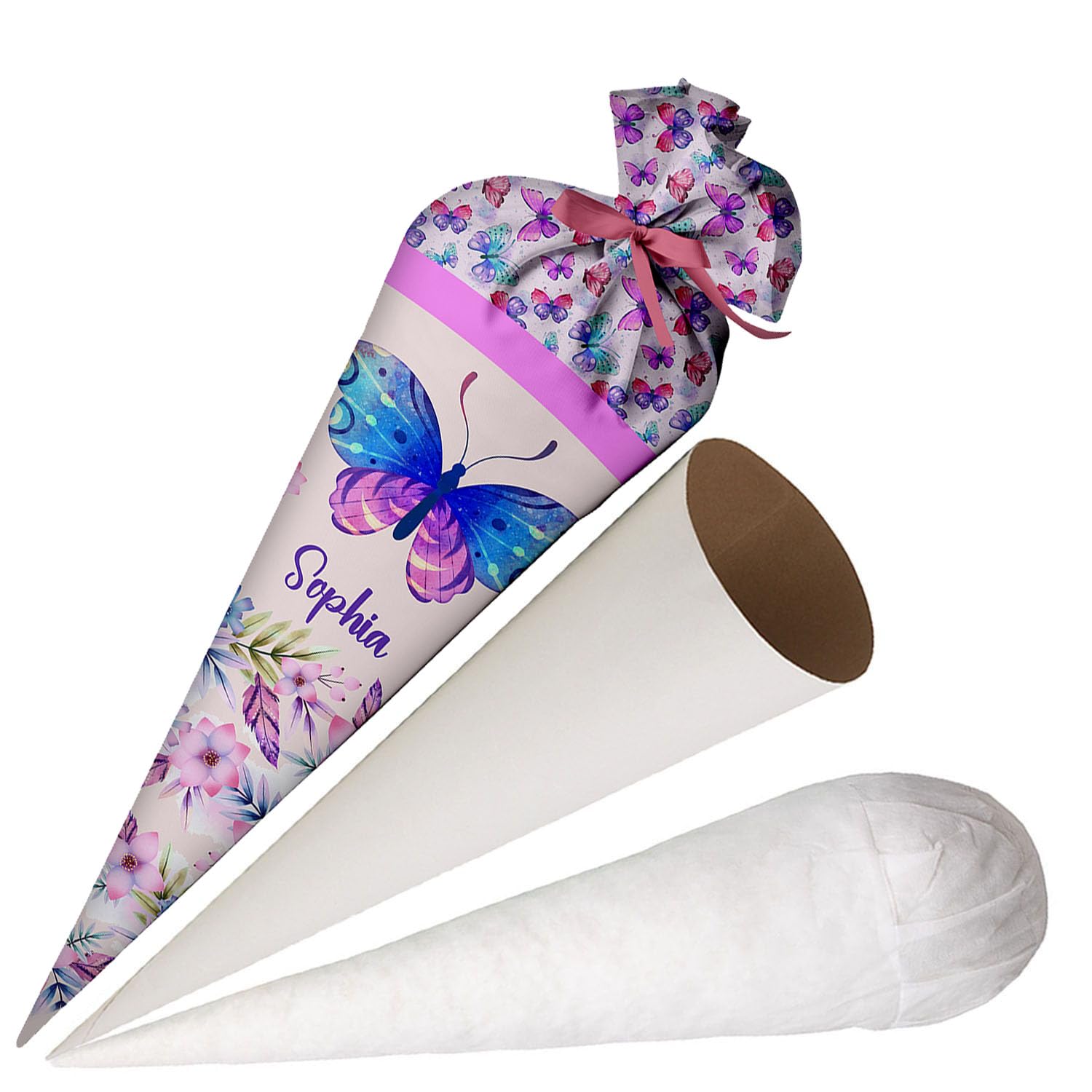 Schultüte Schmetterling 70 cm personalisierte Zuckertüte aus Stoff mit Namen runde Papprohling Silikonkügelchen Kissen