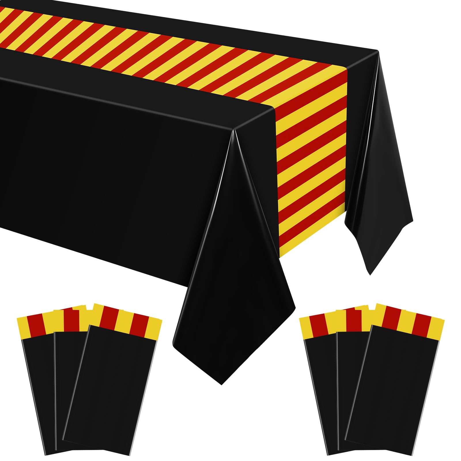 Oudain 6 Pcs Wizard Tablecloth 54 x 108 Inches Plastic Black Table Cover Red Golden Tablecloth Disposable Magical Party Supplies for Halloween Witch