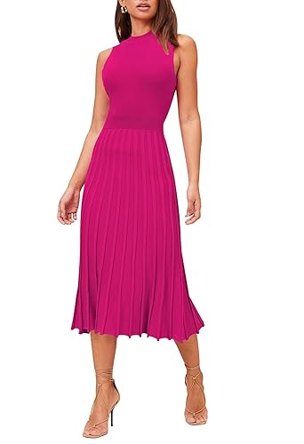 Pink Queen Women's Crew Neck Sleeveless High Waisted Bodycon Pleated