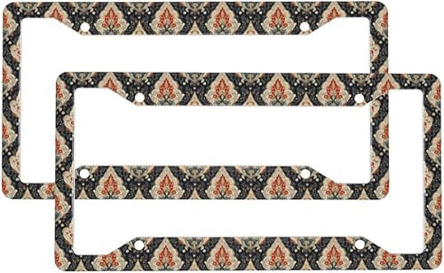 2 Pcs Car License Plate Frames for Women Men - Vintage Boho Pattern Print Aluminum Solid License Plate Cover for Car Accessories for Women Men with