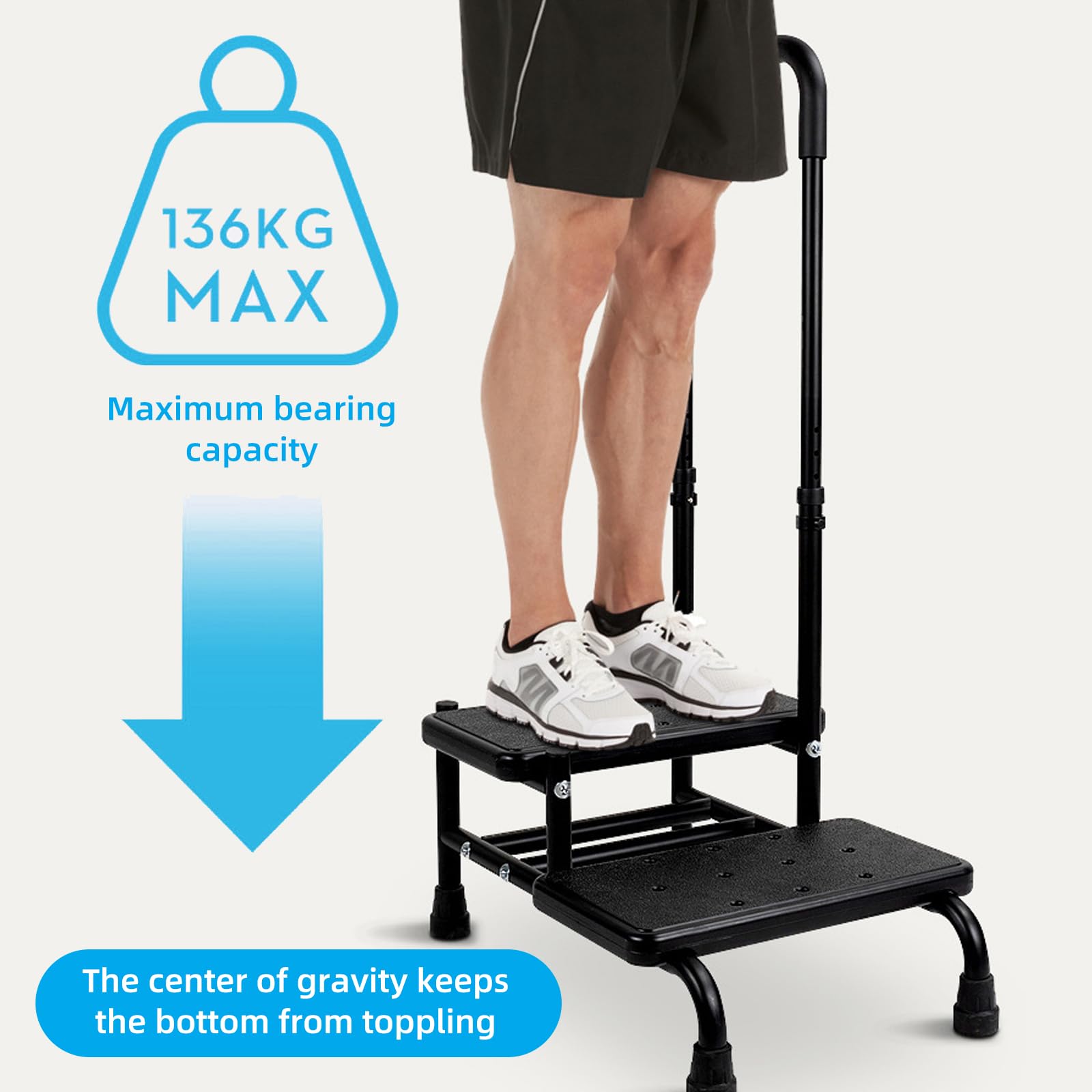 Sgabello con Gradino con Maniglia, Corrimano regolabile e Pedana Antiscivolo, Sgabello a 2 gradini per adulti, anziani, Scaletta a Gradini per comodino, cucina, auto, vasca da bagno,fino a 160KG