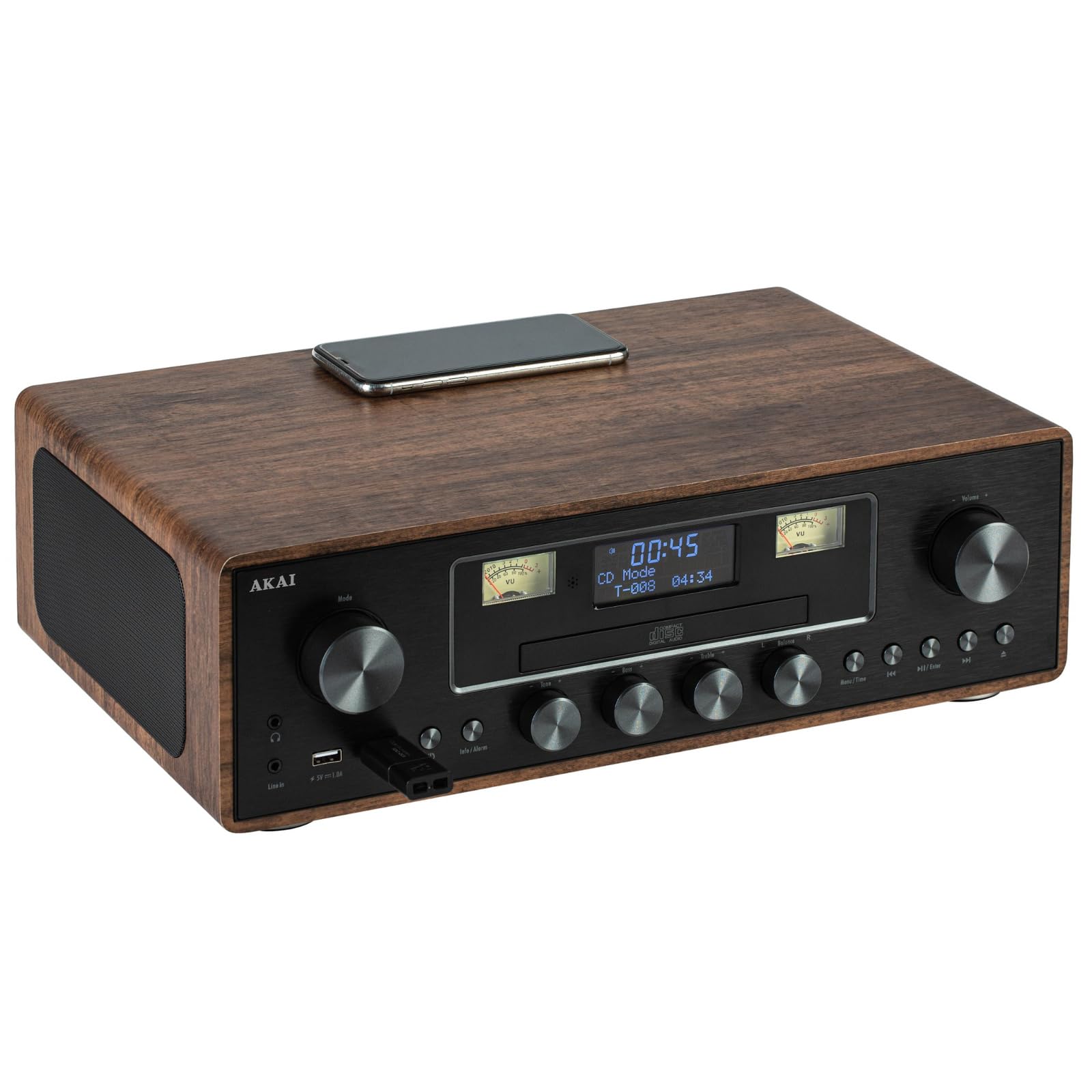AKAI AM 100 Rhapsody HiFi Stereoanlage mit CD Bluetooth 5.0 DAB+ FM Radio mit induktiv Ladefunktion für Ihr Handy - USB MP3 AUX 300W PMPO (30W RMS) Kompaktanlage mit Fernbedienung