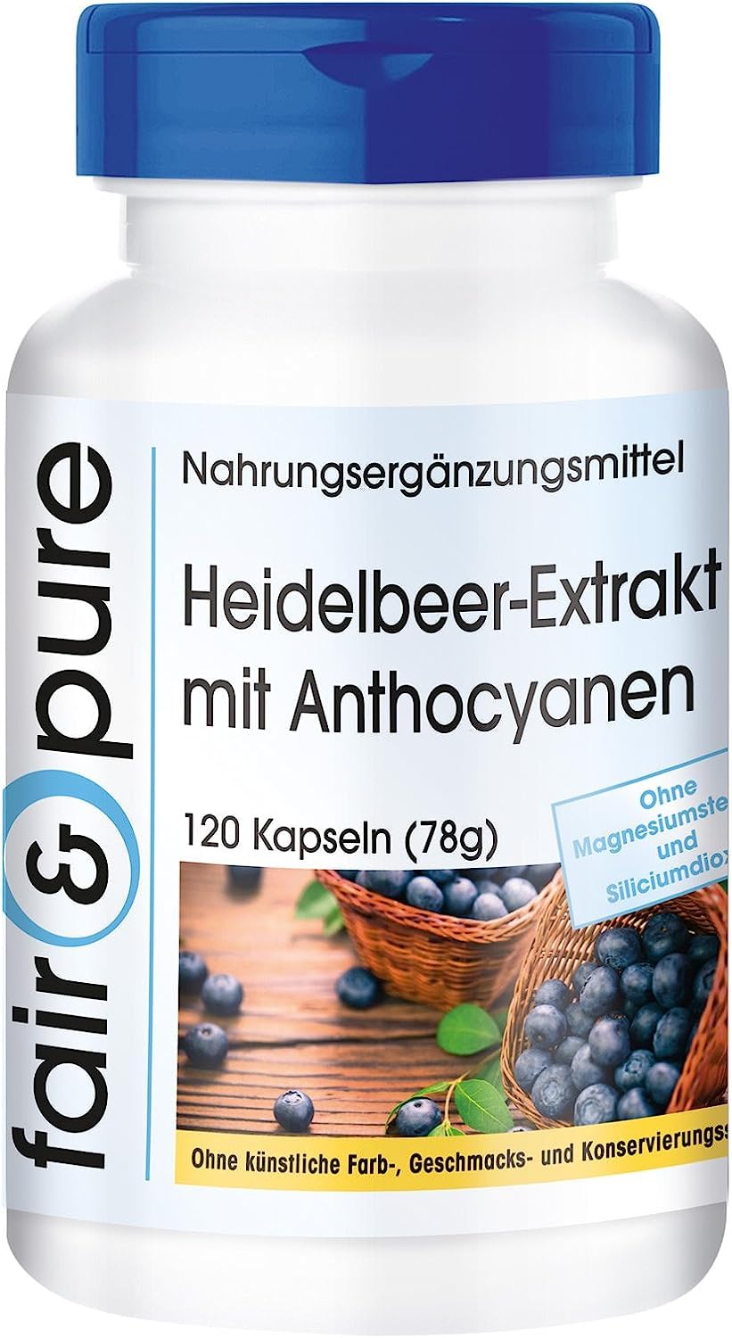 Fair & Pure Heidelbeer-Extrakt 500mg mit Anthocyanen, 120 Kapseln, Nahrungsergänzungsmittel vegan ohne Magnesiumstearat, in Deutschland hergestellt