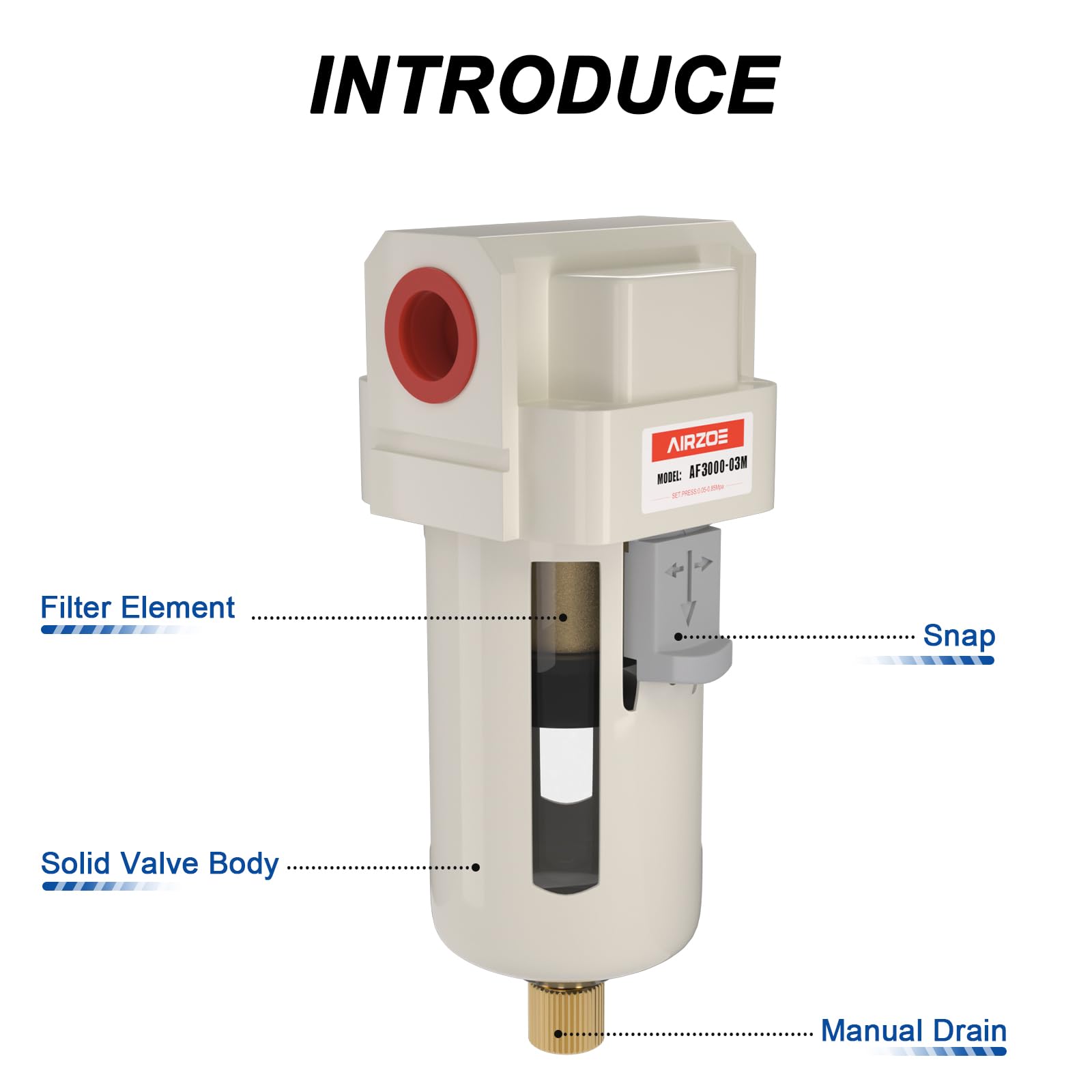 AIRZOE 3/8" NPT Compressed Air Filter, Semi-Auto Drain,0-150psi, AF3000-03 — Amazon image 3