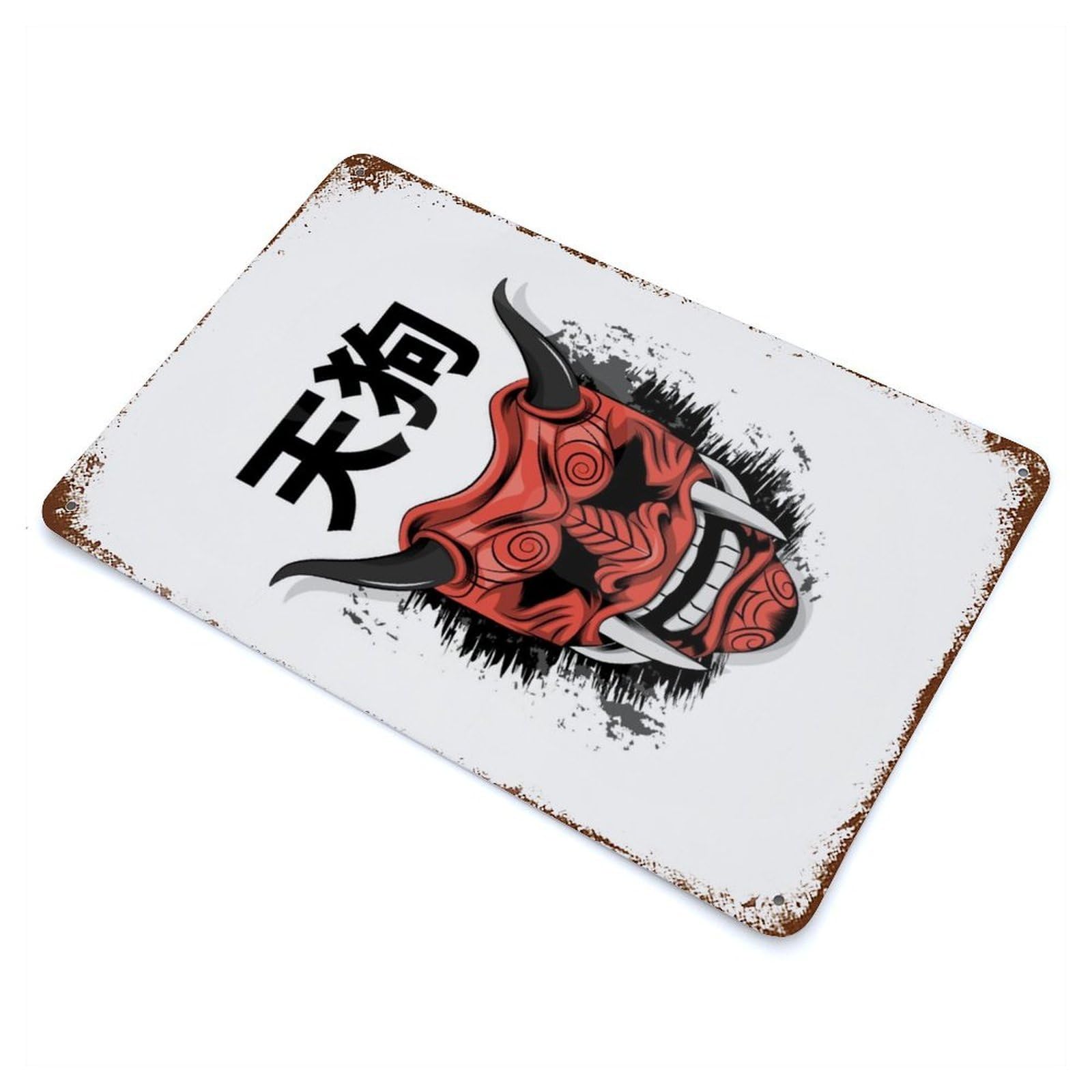 Rust Effect Oni Demon Weathered Tin Sign 11.8"x7.9", Shabby Chic Decor for Patio, Garden Room And Bar Decor