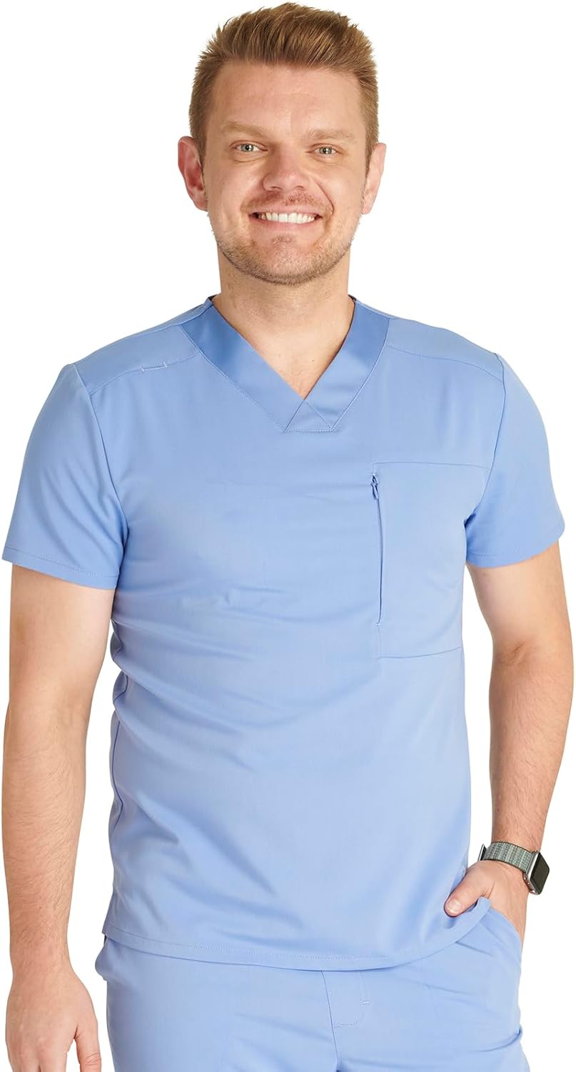 Cherokee Men's V-Neck Scrub Top with Front Neckline, Yoke Seams, and Zip Pocket - CK718A