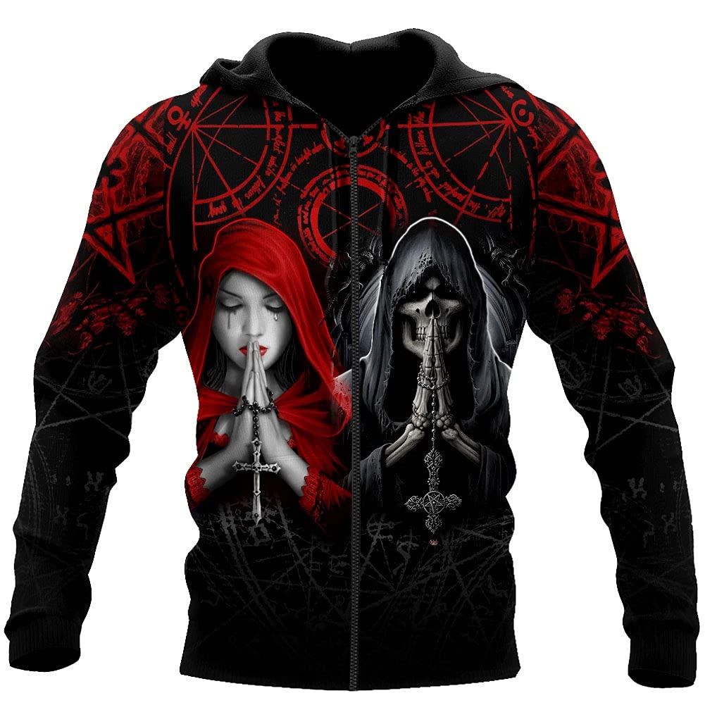 Good and Evil Skull Tattoo Hoodie for Men, 3D Printing Unisex Fashion Sweatshirt Long Sleeve Zipper Pullover Casual Jacket Sportswear