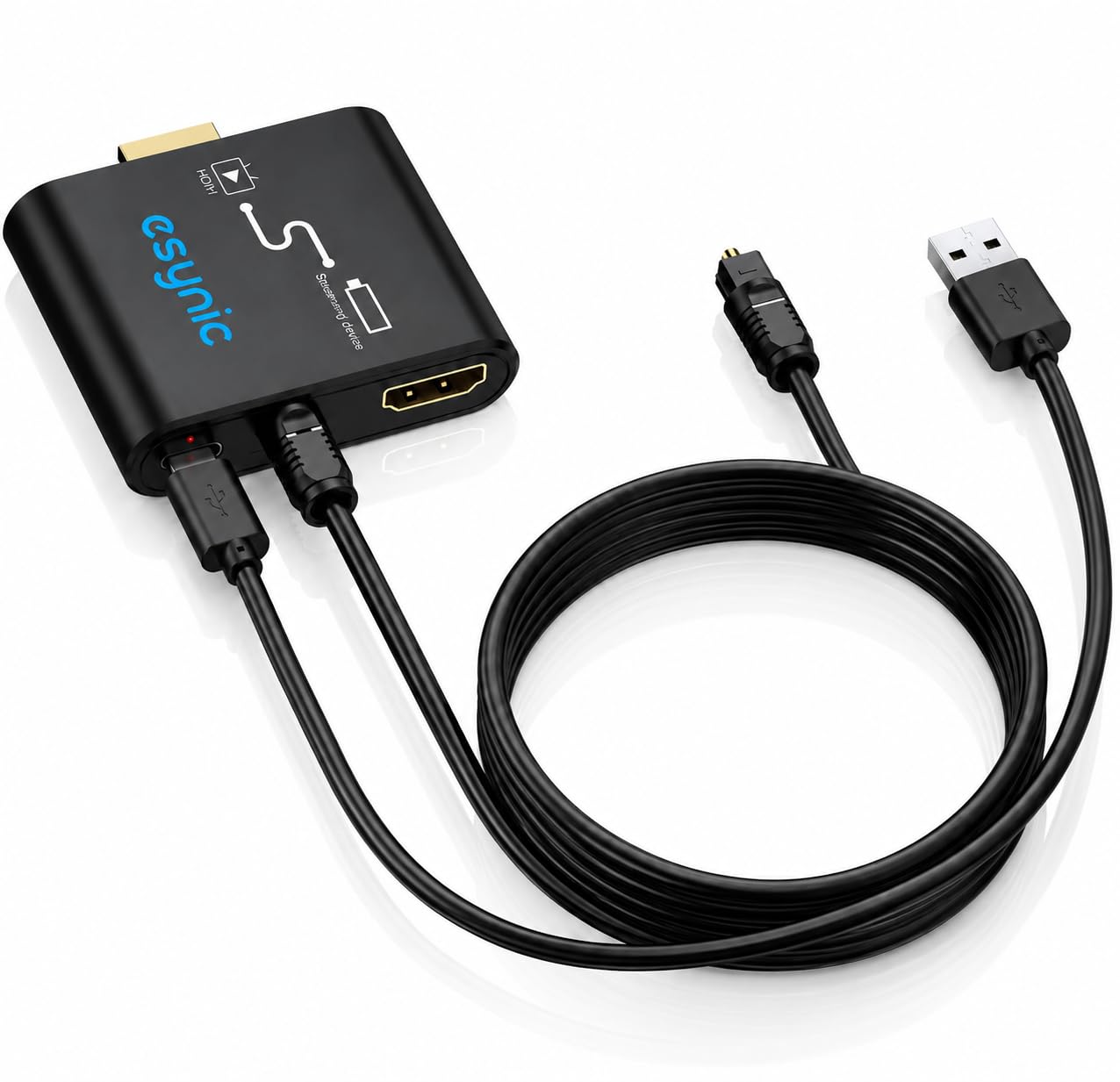 eSynic Convertitore HDMI a HDMI Toslink con Cavo Ottico e Type-C, Supporta 4K@30Hz e Dolby/DTS 5.1, HDMI Audio Extractor per Fire TV Stick a TV Soundbar - NON Supporta ARC/eARC