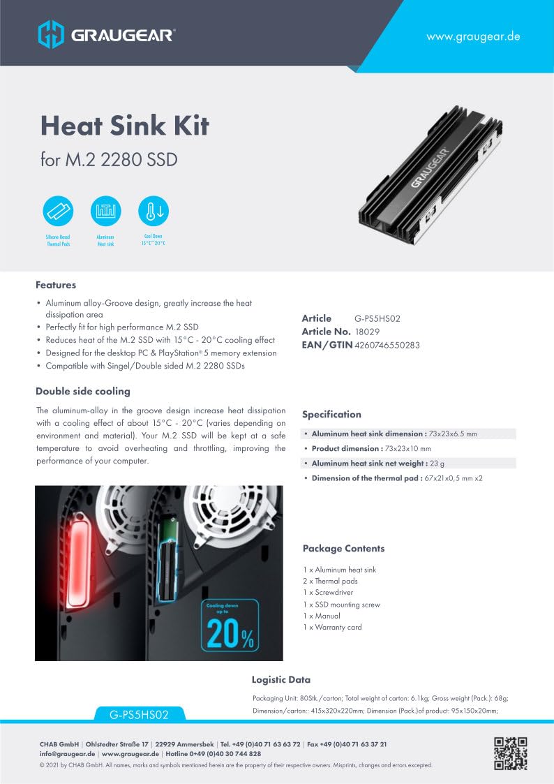 GRAUGEAR Radiator do M.2 NVMe SSD, zestaw chłodnicy Heatsink do Playstation5, PS5 Slim, z pokrywą odprowadzającą ciepło (aluminium)