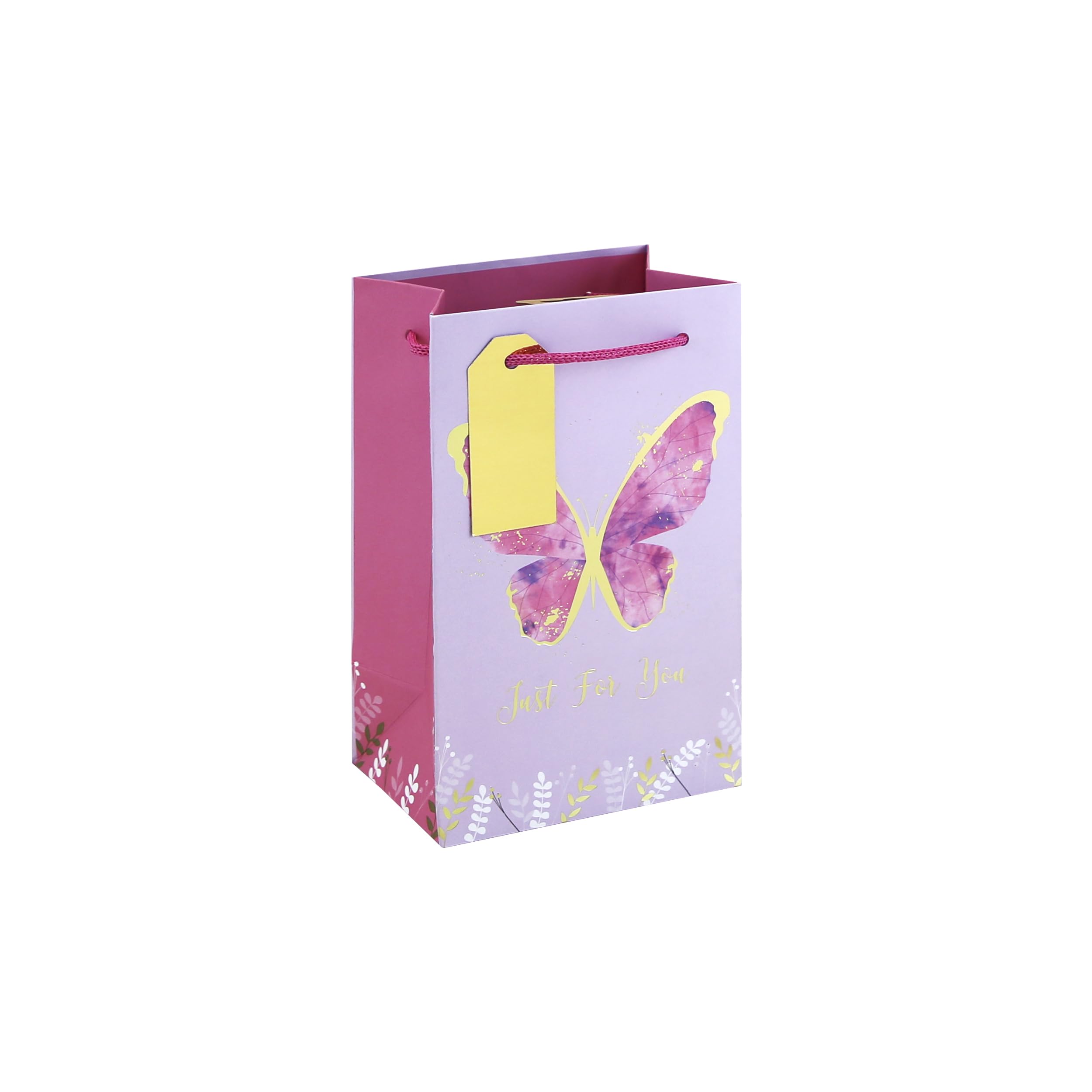 Eurowrap Butterfly Small Gift Bags Pack of 6 – Just For You Present Bags with Pink & Purple Butterfly Design, Gold Foil & Paper Woven Handles – Gift Bags for Girls, Women, Birthday & Valentine’s Day