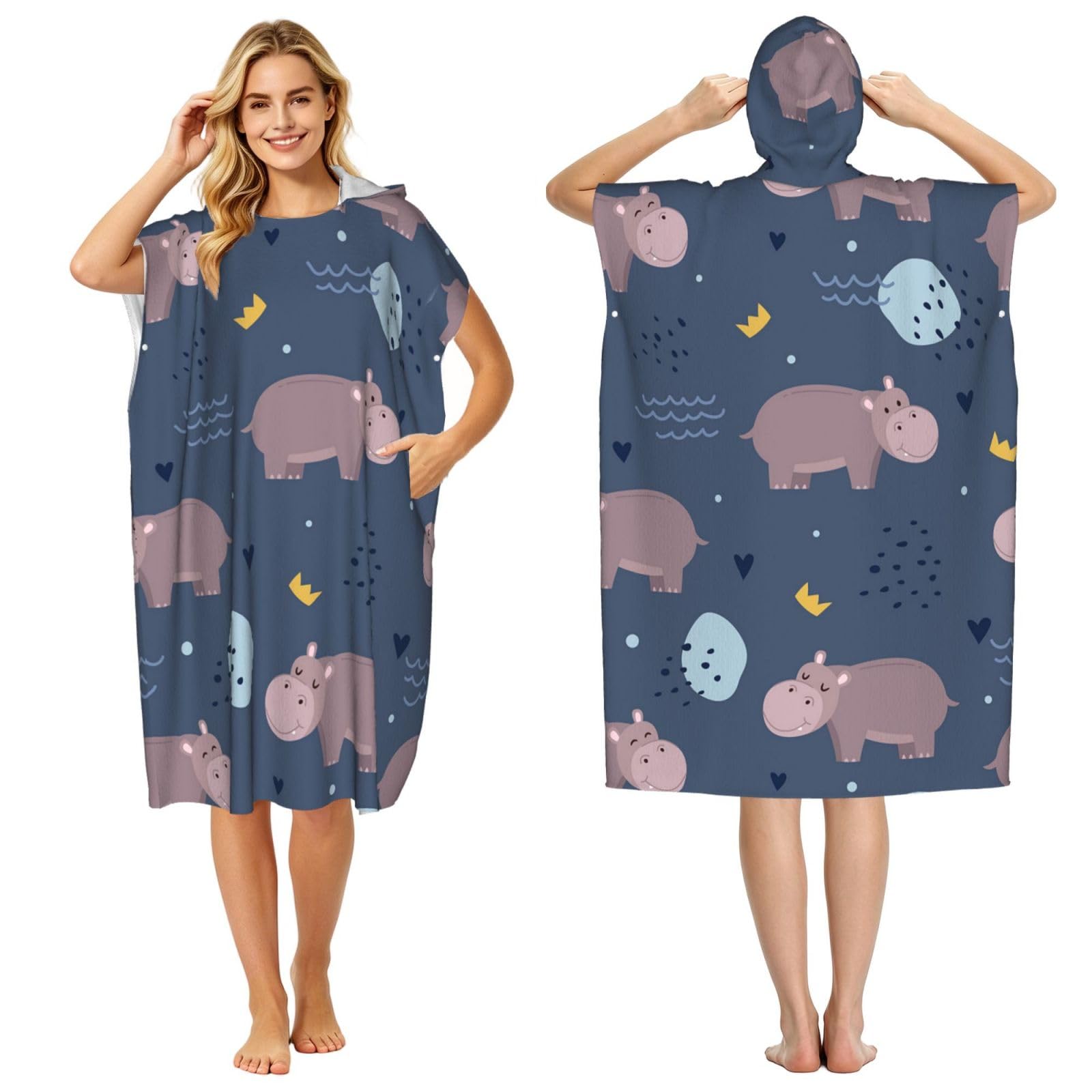 Poadnly Hippo Animal, Adult Hooded Beach Towel 90 x 110 cm,Changing Bath Robe, Surf Poncho Towel For Women Men