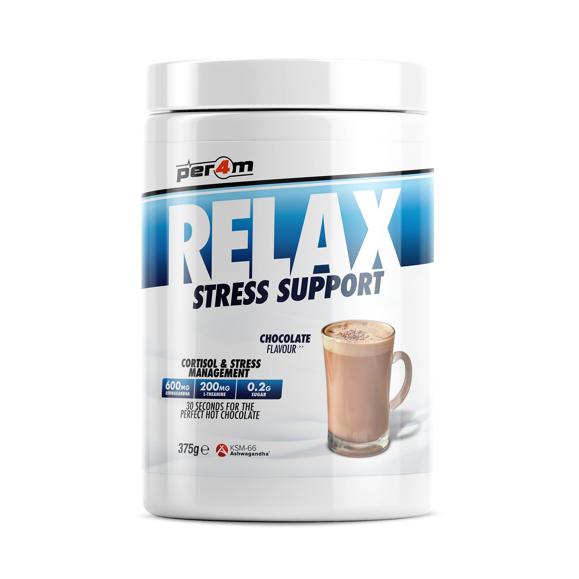 Per4m Relax Chocolate Drink for Iced Frappe or Hot Chocolate | Stress and Relaxation Support | 600mg Ashwagandha & 200mg L-Theanine | Zero Sugar | 25 Servings (375g, Chocolate Flavour)