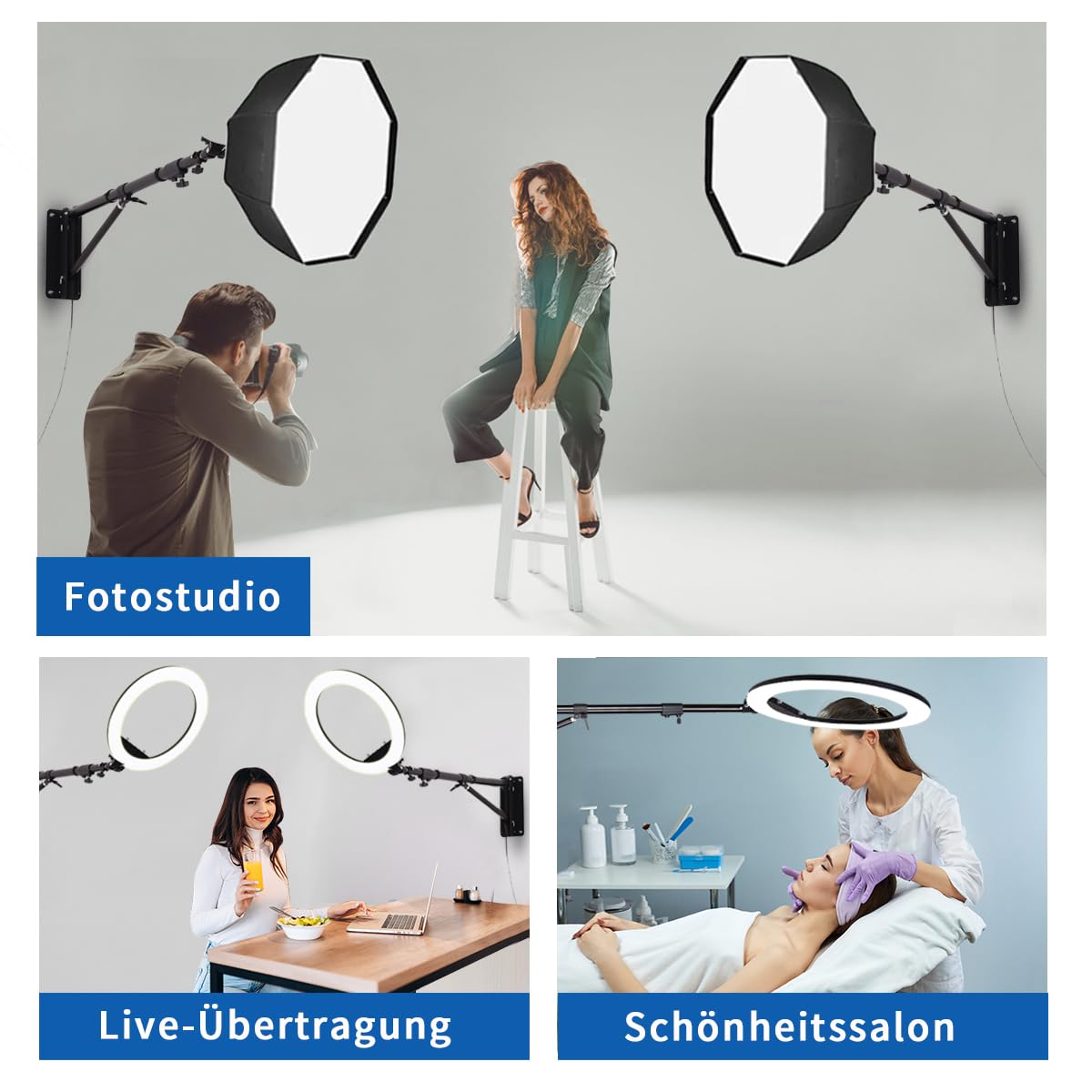 2er-Pack Wandmontage dreieckiger Ausleger Boom Arm 180cm, Ringlichthalterung, Deckenlichtständer, 180° Flexible Drehung für Studio-Videolicht, Blitz, Fotografie, Softbox, Reflektor