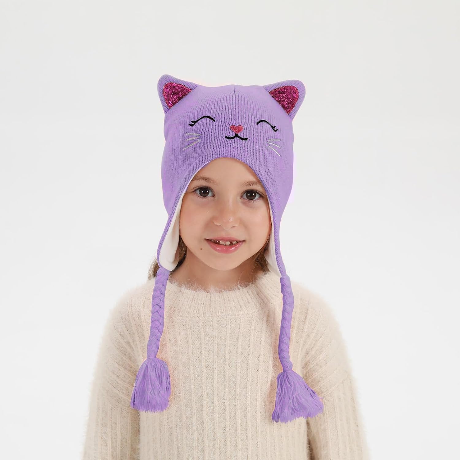 Girls Winter Cat Ear Beanie Hat and Gloves Set Kids Knitted Earflap Cap Mitten Set for Ages 3-7 - Image 2