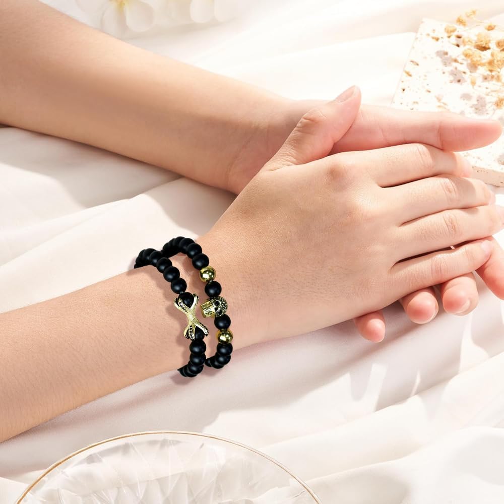 Skull Bracelet for Men, Halloween Bracelets, Cross Bone Skeleton Bracelet for Women Fashion, Gothic String Bracelet, Goth Bracelets Punk Black Beaded Bracelet Natural Stone Beads Bracelet Healing Crystal Stretch Friendship Elegant Jewelry Gifts - Image 2