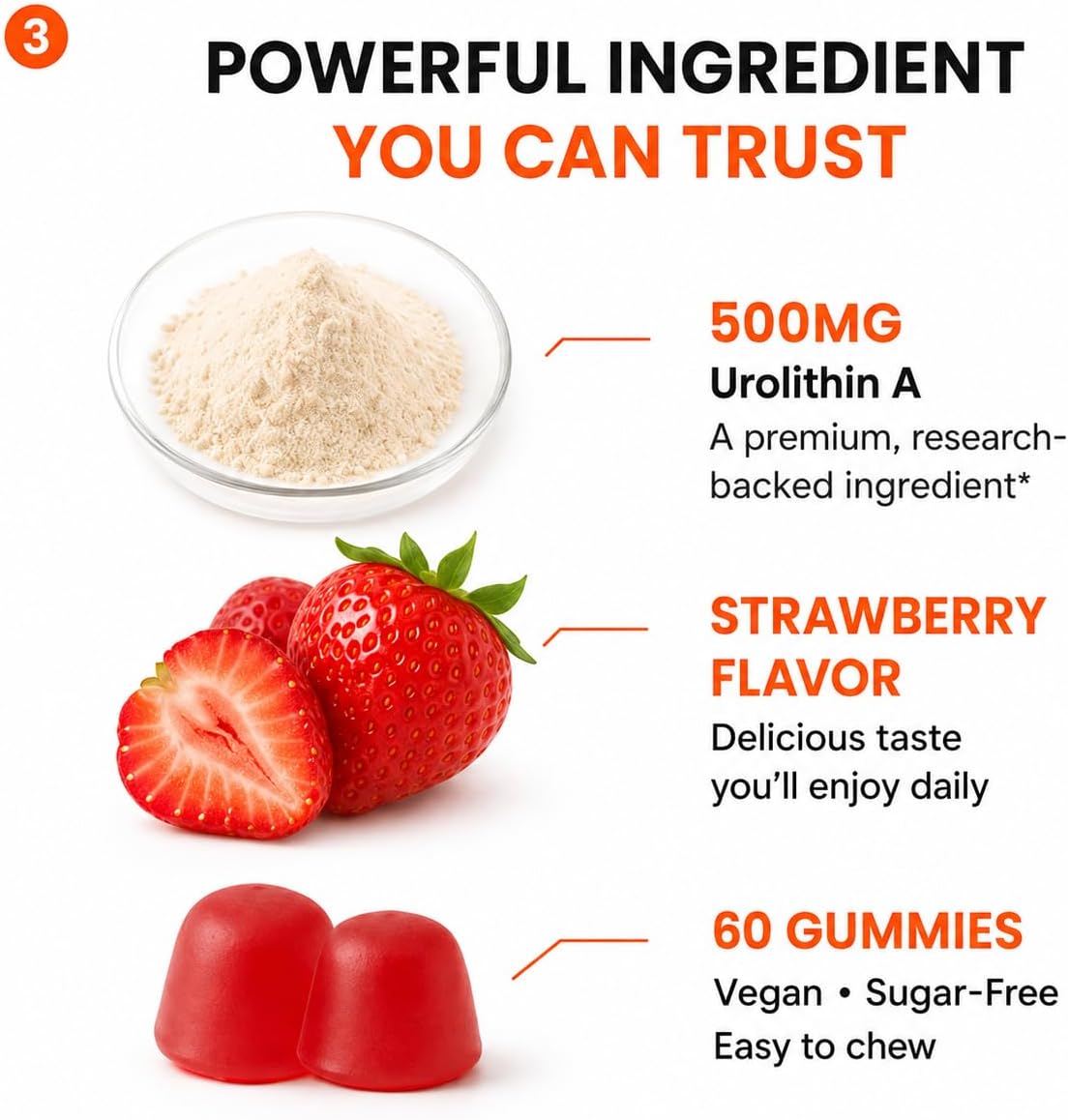 Foundation Gummies, 500mg Urolithin A Supplement Gummies for Women & Men, Mitochondrial Support for Cellular Energy Support & Muscle Strength, Strawberry Flavored, 60 Gummies