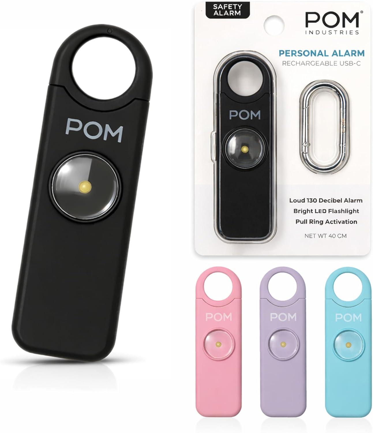 POM Personal Safety Alarm for Women – 130dB Loud Emergency Siren, USB-C Rechargeable with Bright LED Flashlight, Portable Keychain Design for Self Defense, Purse, Backpack & Travel (Black)