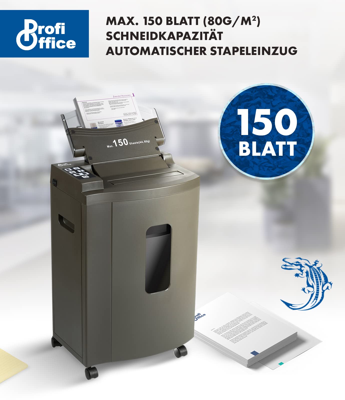 Profi Office Auto Feed niszczarka dokumentów, cięcie cząstek P-5, 150 arkuszy jednocześnie, niezawodna, cicha praca, standard DSGVO (91956)