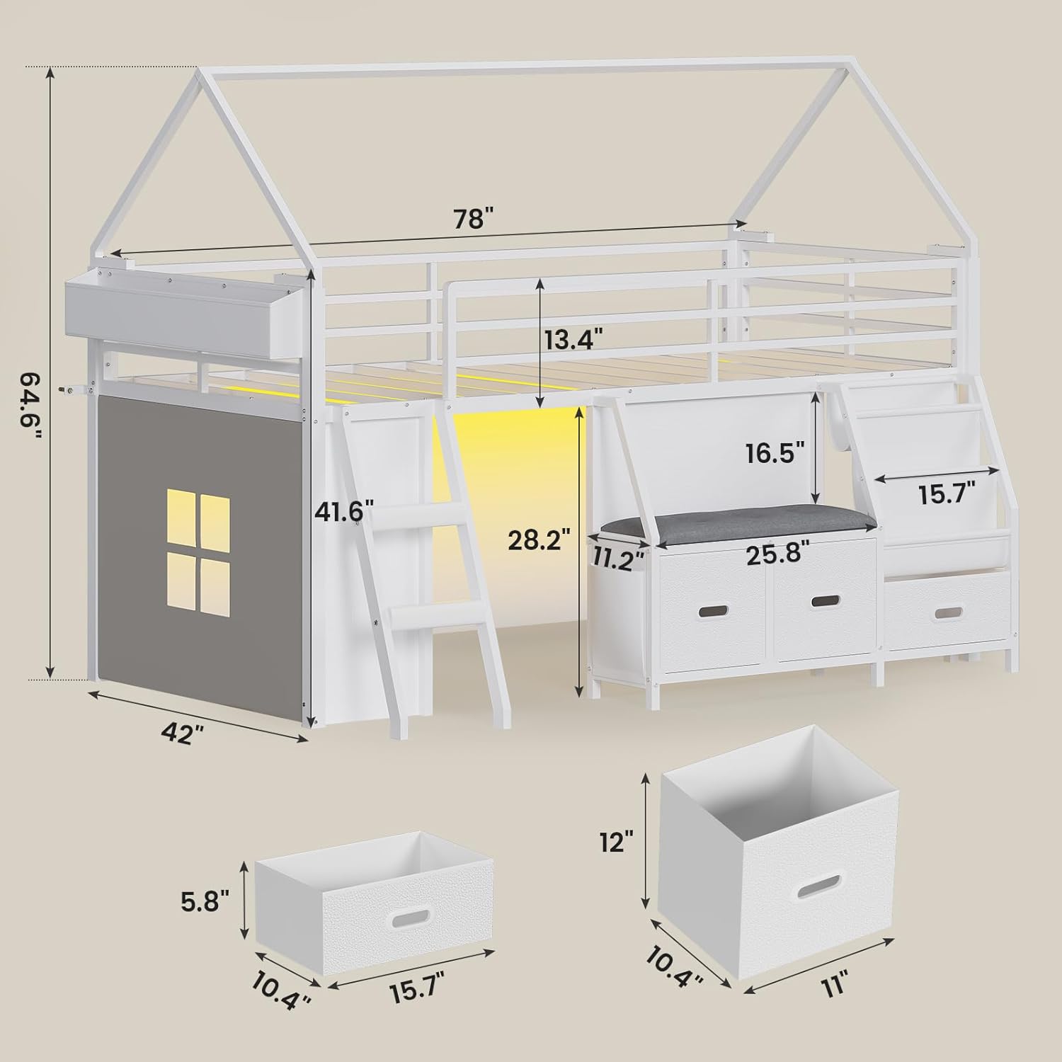 ADORNEVE Low Loft Bed Twin Size with Bookshelf, Reading Nook, LED Kids Loft Bed with 3 Drawers, Under-Bed Play Space, House Loft Beds with Safety Guardrail, Inclined Ladde & Play Curtain, White