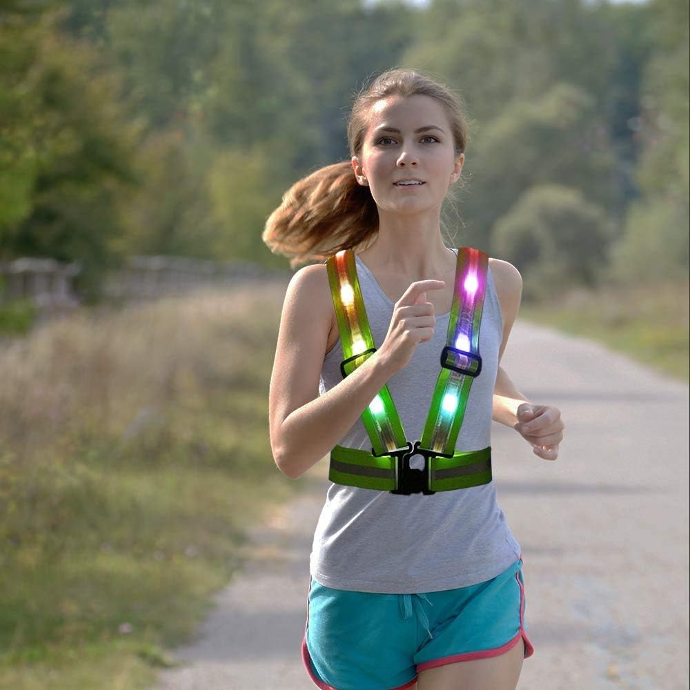 fixinus LED Reflective Safety Vest with Storage Pouch - USB Charging Elastic and Adjustable Reflective Running Gear for Outdoor Sports Dog Walking Cycling Motorcycle - LED Glowing Reflector Straps