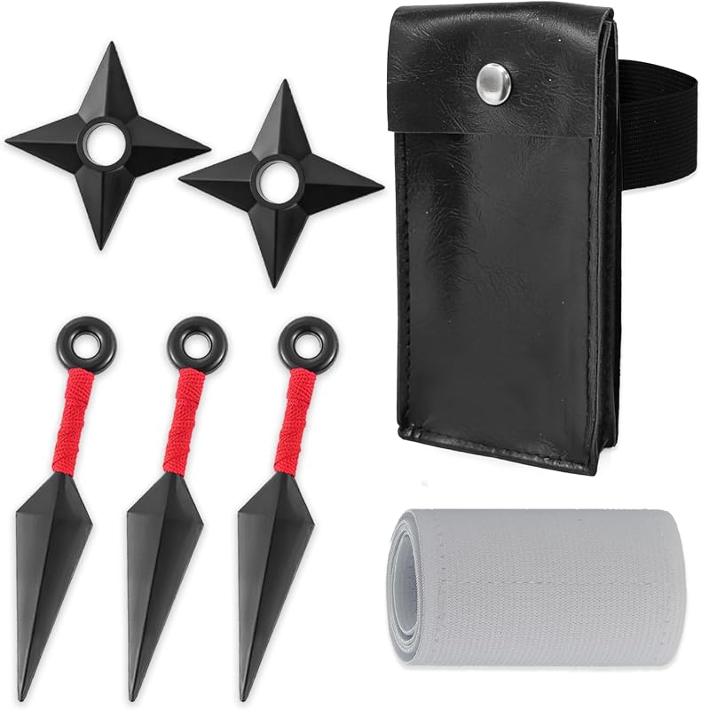 7-Piece Anime Cosplay Kit, ABS Plastic Ninja Kunai (5.1") Throwing Stars/Shuriken(3.5") Toy Set with Pouch and Bandage for Anime Fans, Martial Arts Props Black
