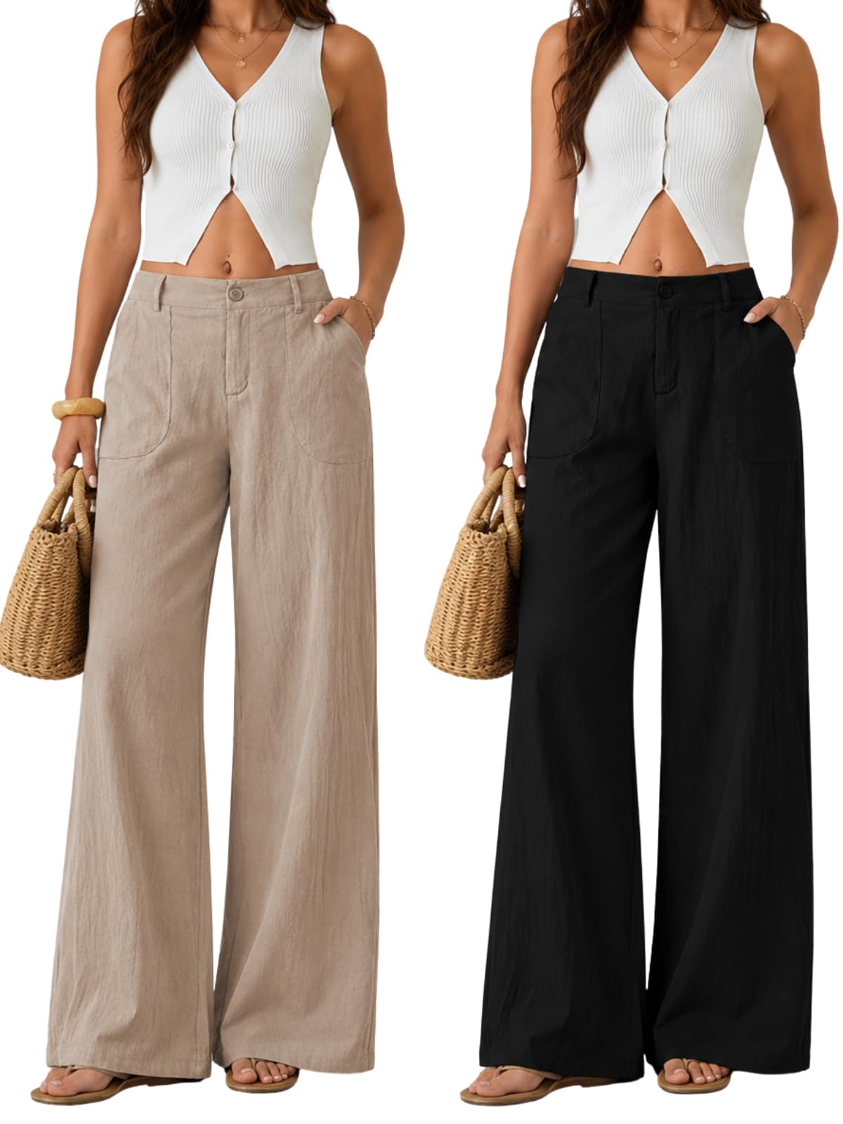 greciilooks Beige Wide Leg Linen Trousers for Women | High Waist Cotton Baggy Korean Style Casual Pants | Comfortable Formal & Casual Women Trousers-picture-8