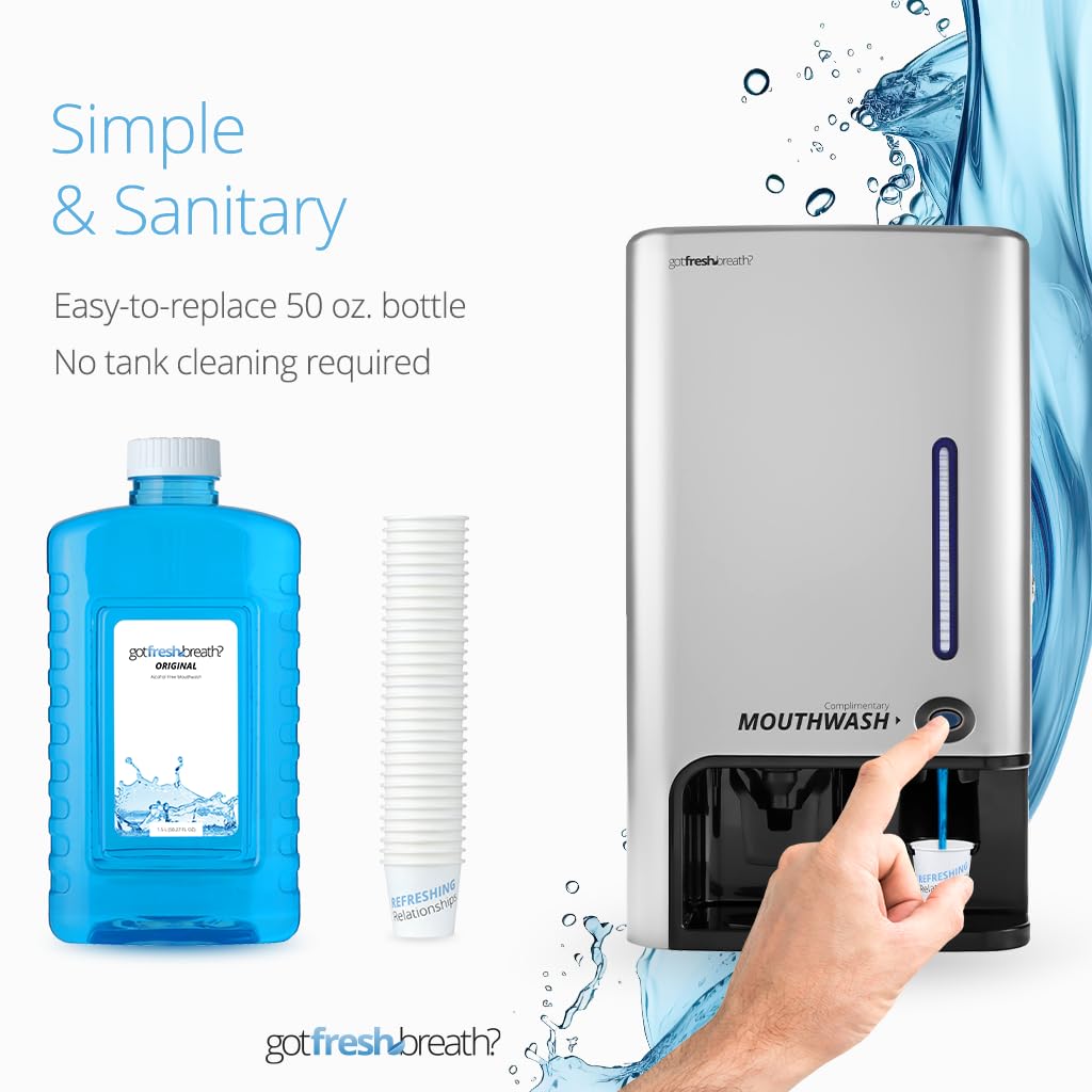GotFreshBreath Commercial Mouthwash Dispenser with Cup Holder – Standing or Wall-Mounted, Slim, Commercial Mouthwash Dispenser with 100 Cups & 50 Oz. Alcohol-Free Mouthwash (Nickel)… - Image 5