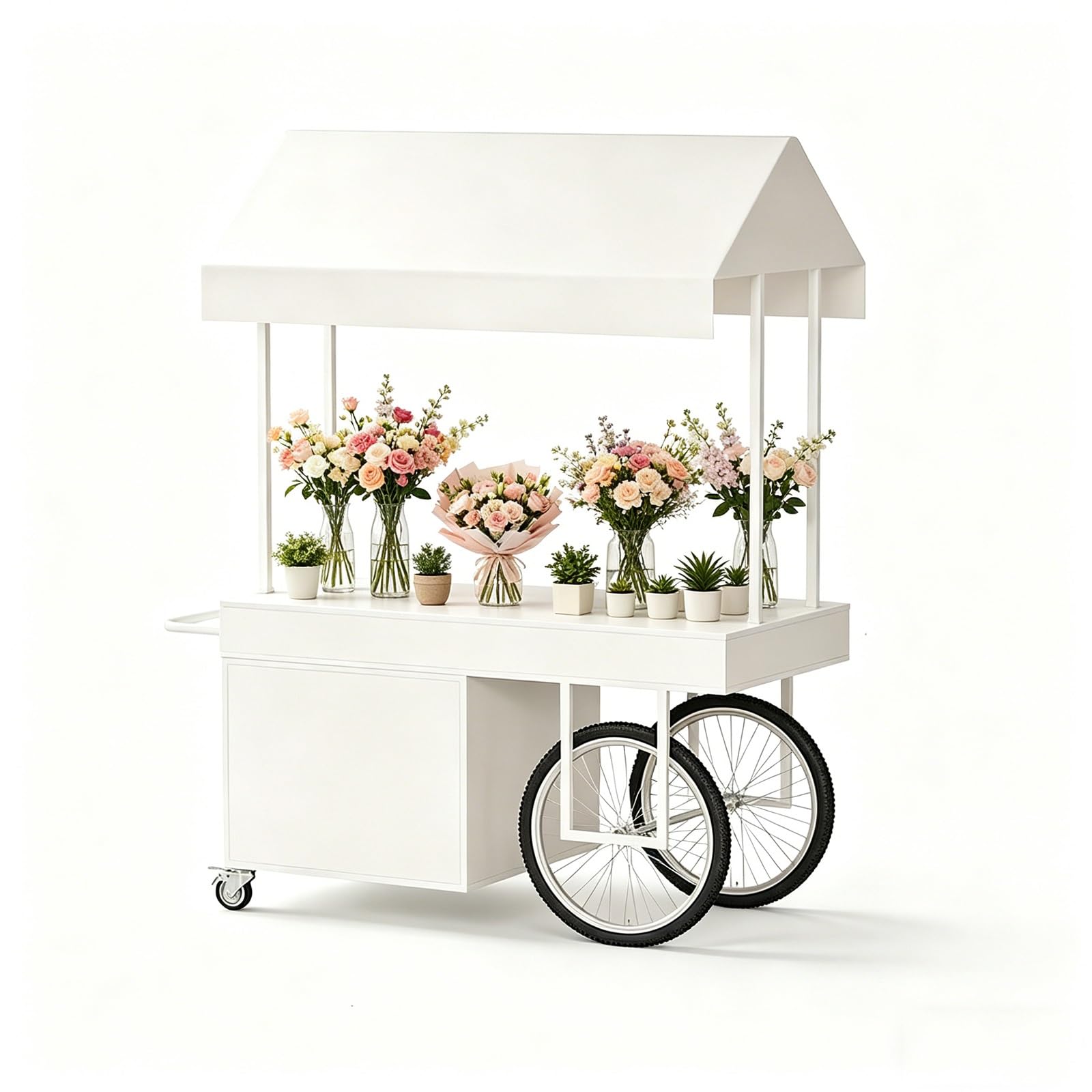 Gtzly Mobiler Lebensmittelverkaufswagen mit Verdeck, Tragbarer Blumenwagen, Eis- und Limonadenstand, Marktstand und Verkaufsstand für Hochzeiten und Märkte(White,55in/140cm)