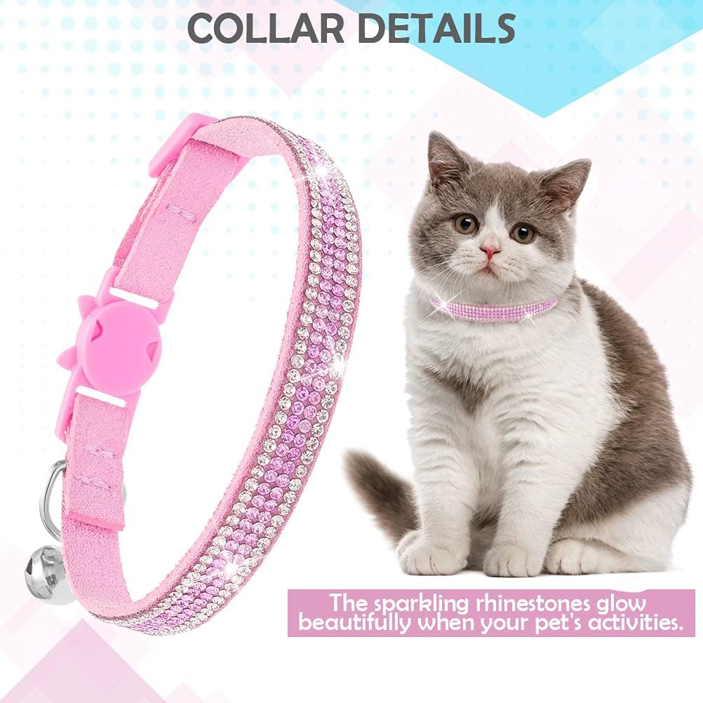 Bling Rhinestone Breakaway Cat Collars with Bell 2 PCS Adjustable Safe Pet Collar Velvet Kitty Collar