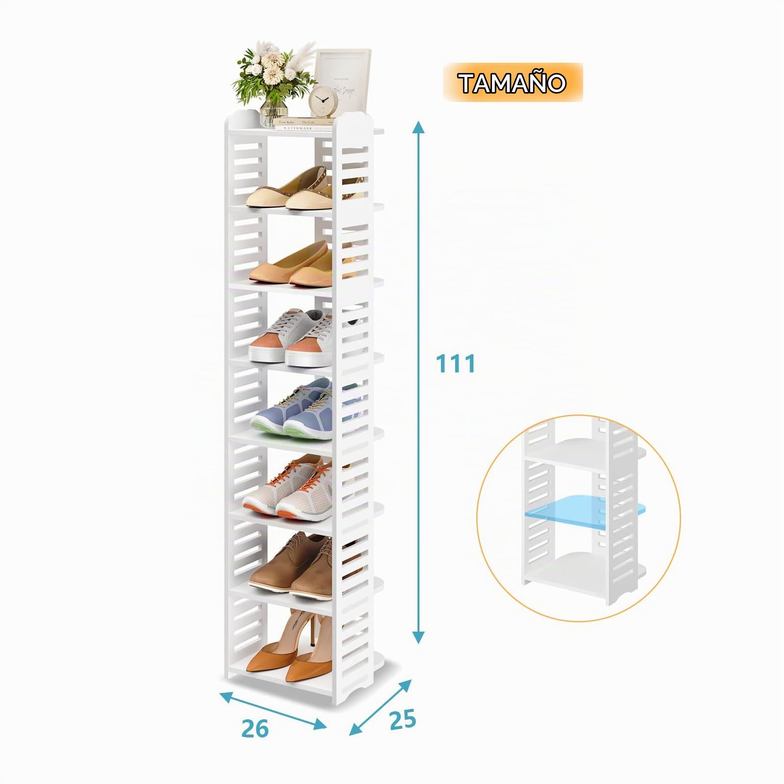Dripex Zapatero Estrecho Blanco, Montaje Sin Herramientas, Mueble Zapatero para Entrada Recibidor Pasillo, 8 Niveles, 26 x 25 x 111cm