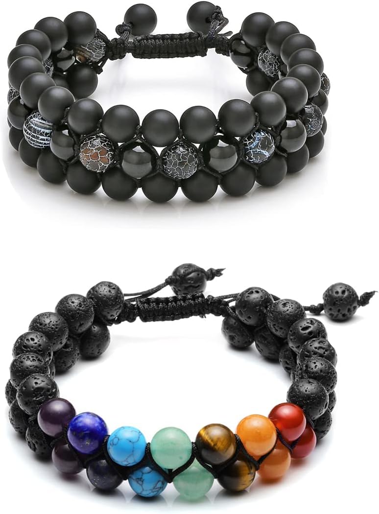 Top Plaza Bundle – 2 Items: Mens Lava Rock Stone Essential Oil Diffuser Bracelet Chakra Yoga Healing Crystal Bracelet & Bead Chakra Bracelet 7 Chakras Healing Crystals Bracelet